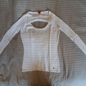 Guess Size S White Ribbed with Netting Fitted Top